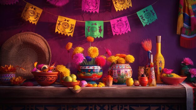 Traditional mexican table decoration with colorful marigold flowers