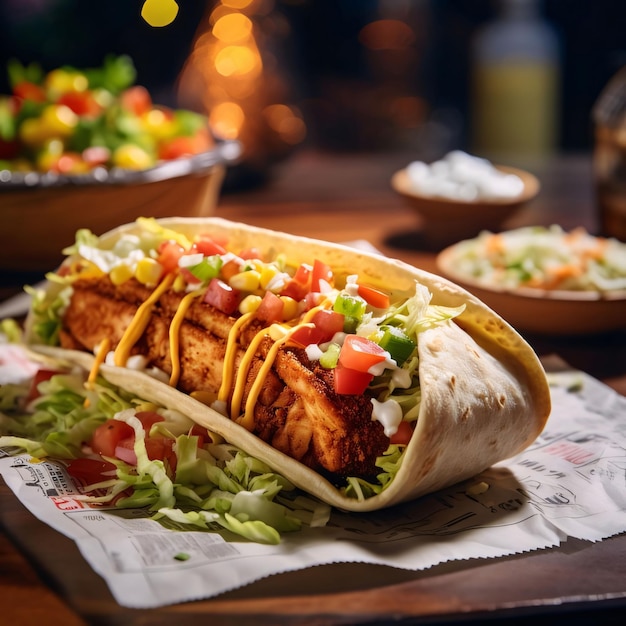 Traditional mexican tacos with chicken meat and vegetables on wooden table