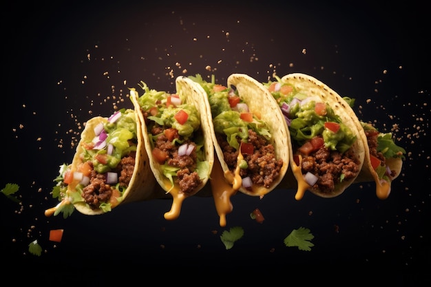 Traditional Mexican tacos with meat guacamolecheese and vegetables on dark background