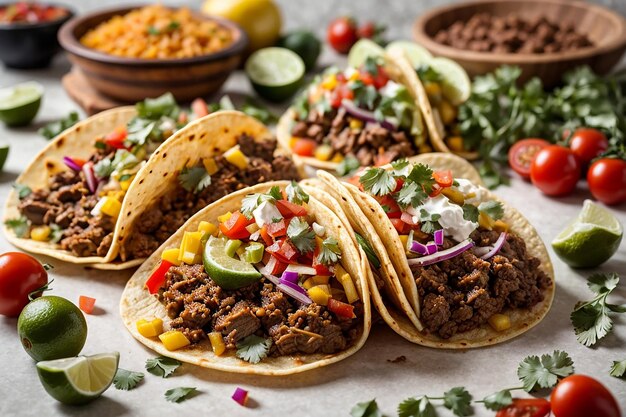 traditional mexican tacos with meat and vegetables isolated on white background