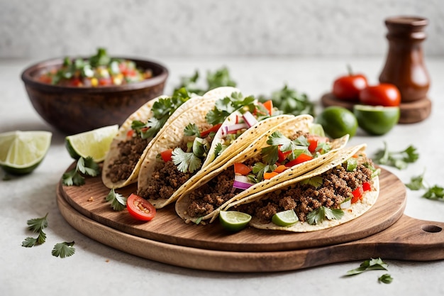 traditional mexican tacos with meat and vegetables isolated on white background