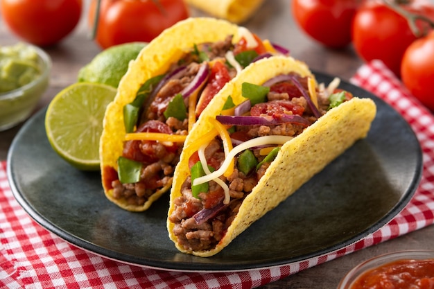 Traditional Mexican tacos with meat and vegetables on wooden table