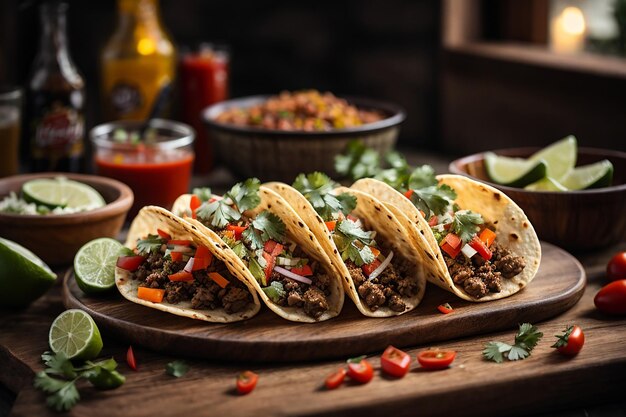 traditional mexican tacos with meat and vegetables on wooden table