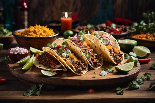 traditional mexican tacos with meat and vegetables on wooden table