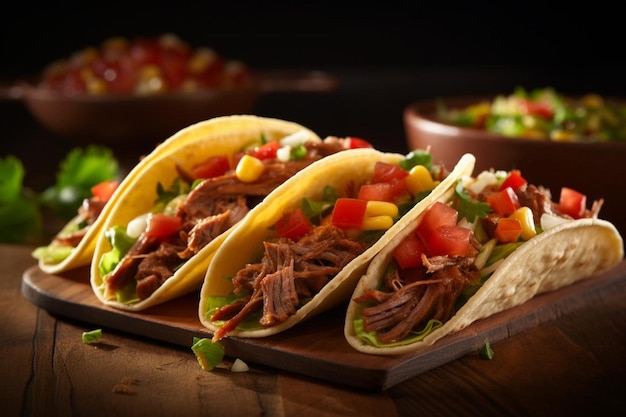 Traditional mexican tacos with meat and vegetables on wooden table