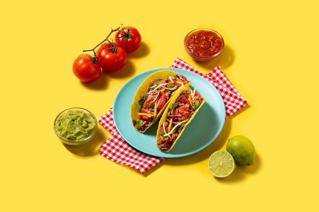 Traditional Mexican tacos with meat and vegetables on yellow background