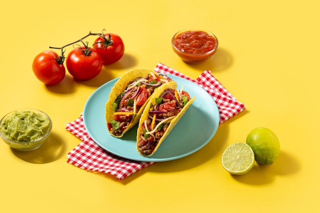 Traditional Mexican tacos with meat and vegetables on yellow background