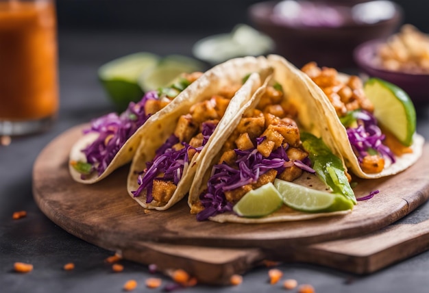 Traditional mexican tacos with red cabbage and salsa on black background