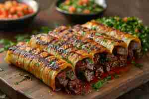 Photo traditional mexican tamales with beef and salsa