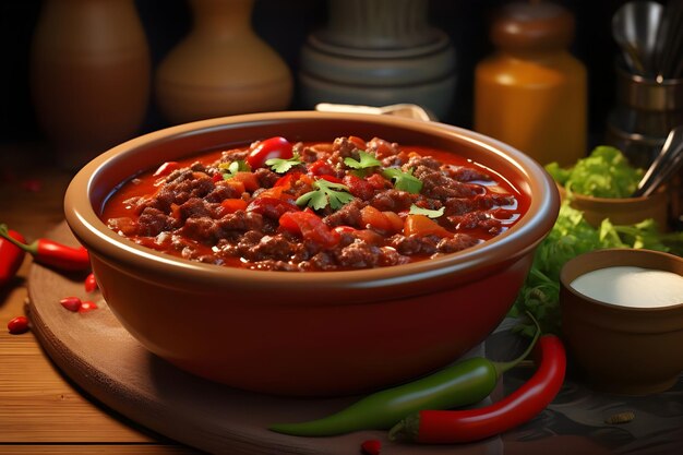 Photo traditional mexican or texas chili con carne in black bowl on black background ai generated