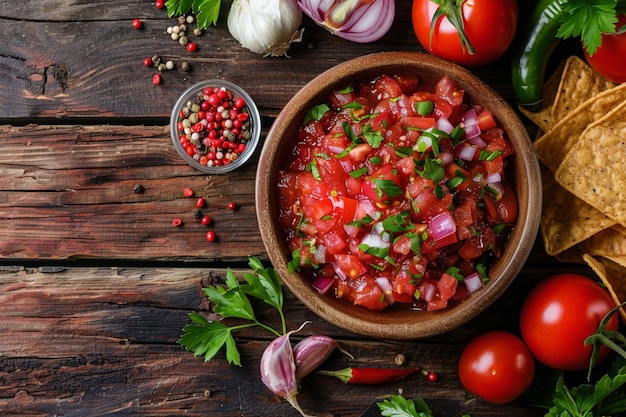 Foto salsa tradizionale messicana a salsa di pomodoro con nachos e ingredienti pomodori