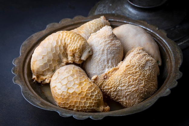 Traditional middle eastern food; stuffed offal, stuffed tripe. Stuffed belly mumbar. Turkish name; karin dolmasi or iskembe dolmasi