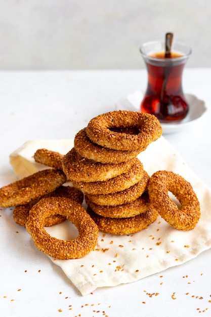 Traditional middle eastern sesame ring cookies called kandil
simidi turkish sesame bagel close up