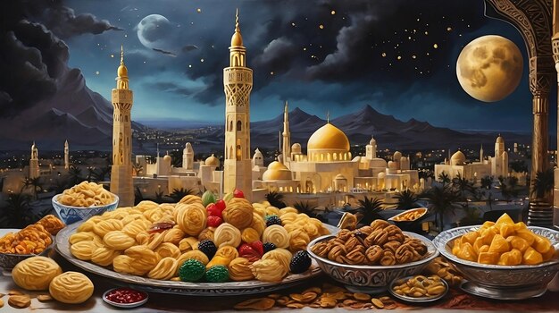 Photo traditional middle eastern sweets on mosque in the night background eidaladha muslim holiday