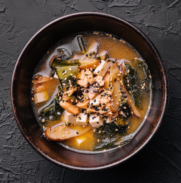 Traditional miso soup with wakame seaweeds