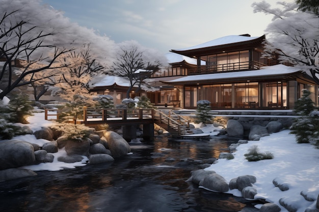 겨울 에 일본 정원 을 가진 전통적 인 현대적 인 일본 집