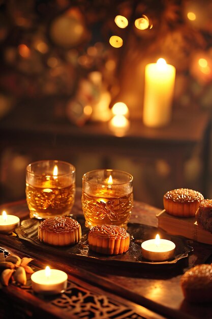 Traditional mooncakes and tea candlelight ambiance