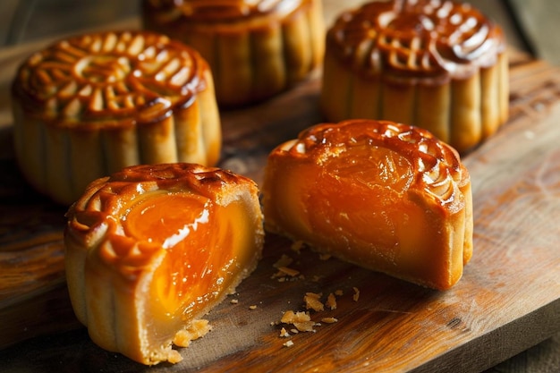 Traditional mooncakes on wooden plate for chinese mid autumn festival celebration
