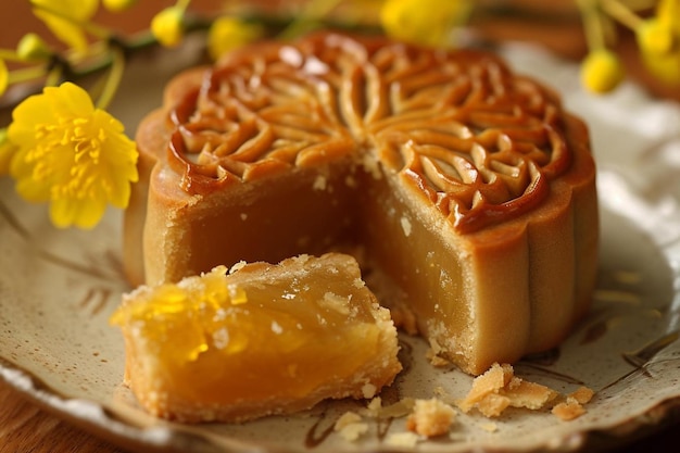 Traditional mooncakes on wooden plate for chinese mid autumn festival celebration