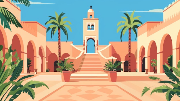 A traditional Moroccan postcard with arches towers stairs in the style of ancient Marrakesh and Medinas Traditional Moroccan architecture Flat modern illustration