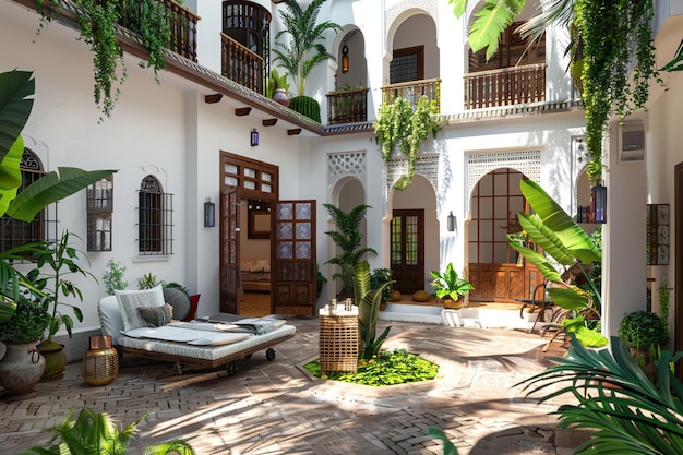 A traditional Moroccan riad with a courtyard garde