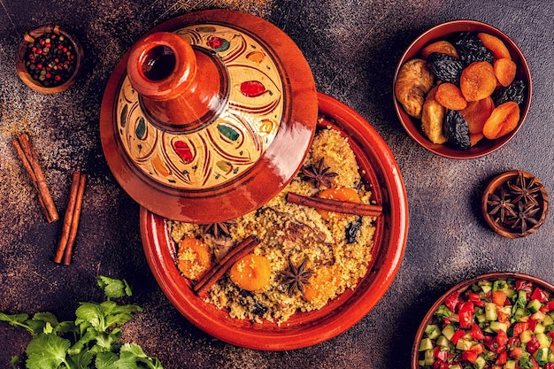 Foto tajine tradizionale marocchina di pollo con frutta secca e spezie