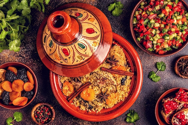 Foto tajine tradizionale marocchina di pollo con frutta secca e spezie