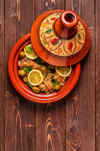 Traditional moroccan tajine of chicken with salted lemons olives