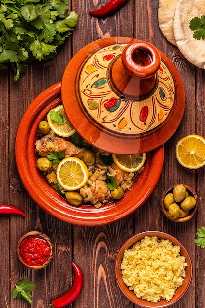 Traditional moroccan tajine of chicken with salted lemons olives