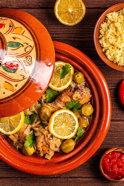 소금에 절인 레몬 올리브를 곁들인 닭고기의 전통 모로코 타진
