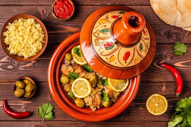 Traditional moroccan tajine of chicken with salted lemons olives