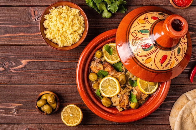 사진 소금에 절인 레몬 올리브를 곁들인 닭고기의 전통 모로코 타진