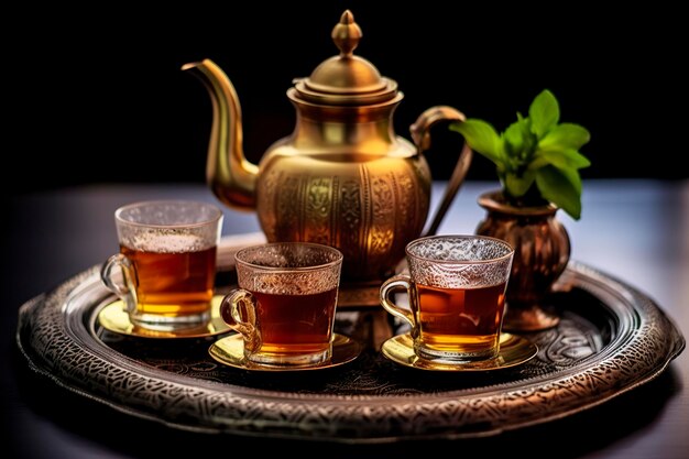 Traditional Moroccan tea set with decorative teapots glasses and mint leaves