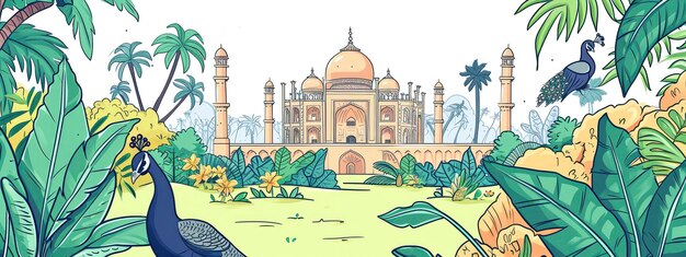 Photo traditional mughal garden arch peacock cartoon illustartion