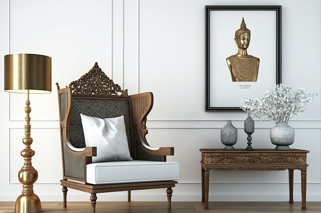 A traditional Myanmar and Thai living area with a chair table artwork and hanging lamp can print mockup or frame Isolated