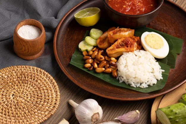 Traditional nasi lemak meal assortment close up