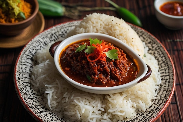 Traditional nasi liwet served with spicy sambal