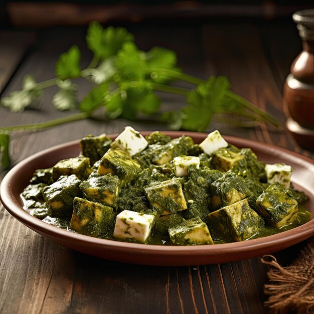 traditional national Indian plate of freshly prepared Indian Palak Paneer with spinach