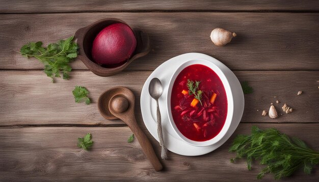 The traditional national Ukrainian beet soup borscht on the old wooden background