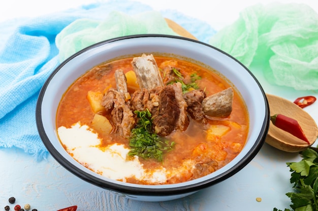 Traditional national Ukrainian vegetable soup borsch with pork ribs on a light background