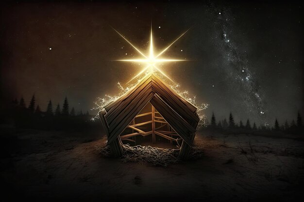 Photo traditional nativity scene with a shining star above a humble stable generative ai