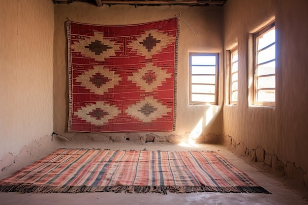 Traditional navajo rug hung on an adobe wall created with generative ai