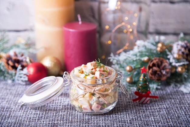 Traditional New Year and Christmas Russian salad in a jar