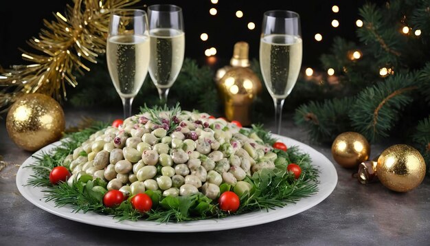 Traditional New Years salad Olivier New Years festive table and glasses of champagne