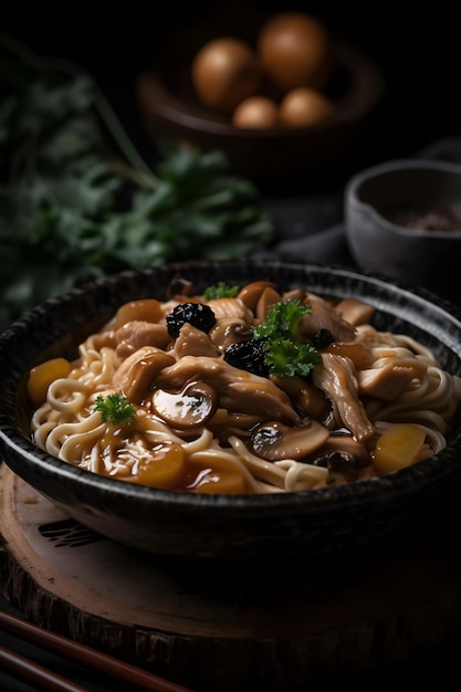 Traditional noodles with shimeji mushrooms and chicken
