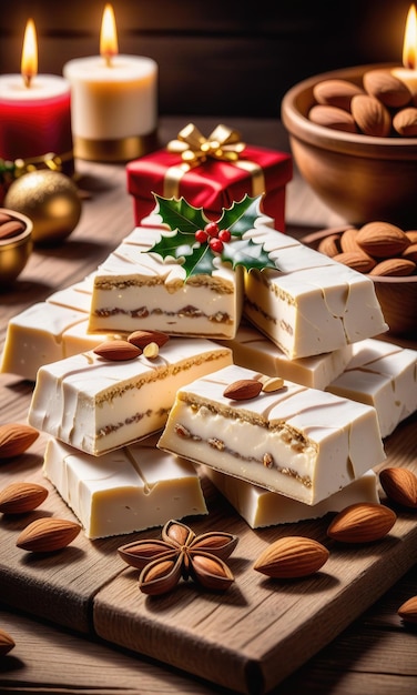 Traditional Nougat and Sweet Almonds Arranged on a Rustic Wooden Table