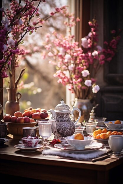 A traditional nowruz table setting in an outdoor setting