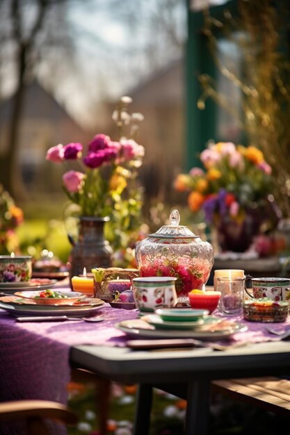 a traditional Nowruz table setting in an outdoor setting