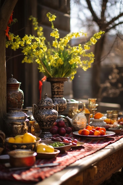 a traditional Nowruz table setting in an outdoor setting