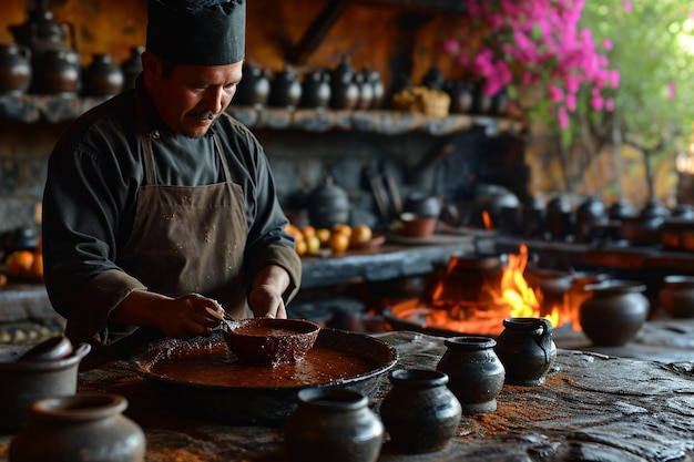 Photo traditional oaxacan mole preparation in a kitchen